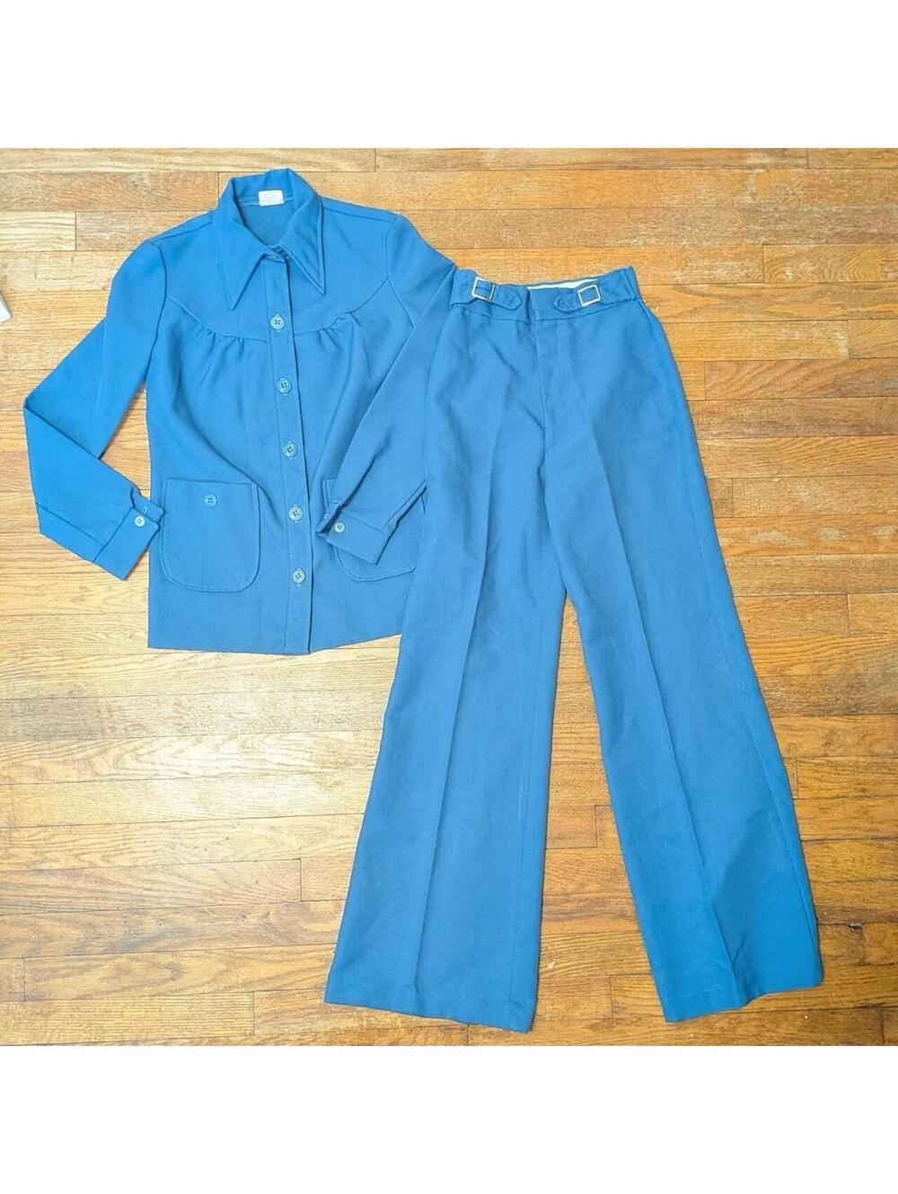 Vintage 1970s Peacock Blue Two Piece Suit Set Butterfly Collar Wide Leg Trousers